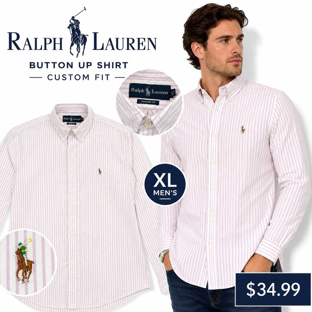 Ralph Lauren Button Up Shirt Men’s XL Pink White Stripe Custom Fit Cotton